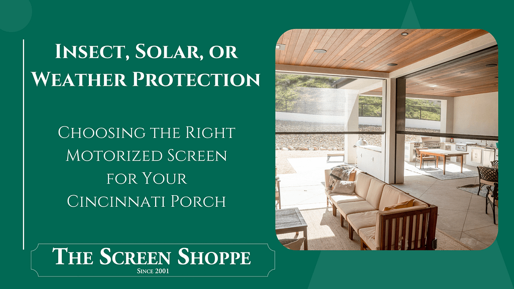 A well-shaded screened-in seating area, with retractable screens raised halfway up.