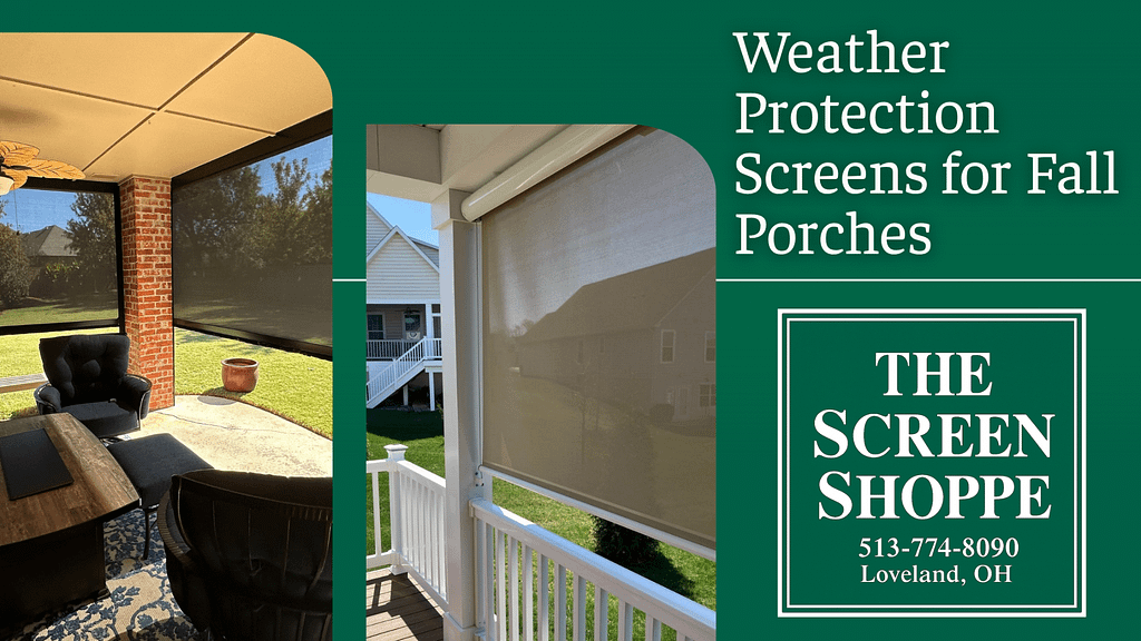 Two side by side images of screened in patios for blocking sun, weather, and bugs.